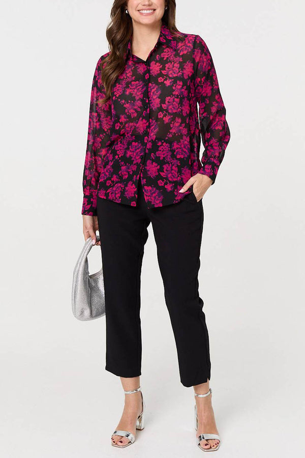 MULTI RED | Floral Semi Sheer Long Sleeve Shirt