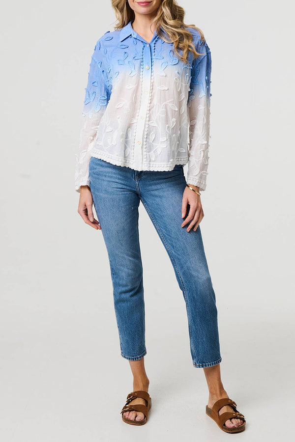 BLUE | Embroidered Leaf Trim Long Sleeve Shirt