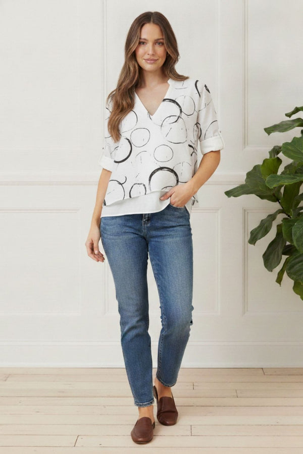 Abstract Print Layered Relaxed Tunic Top | WHITE