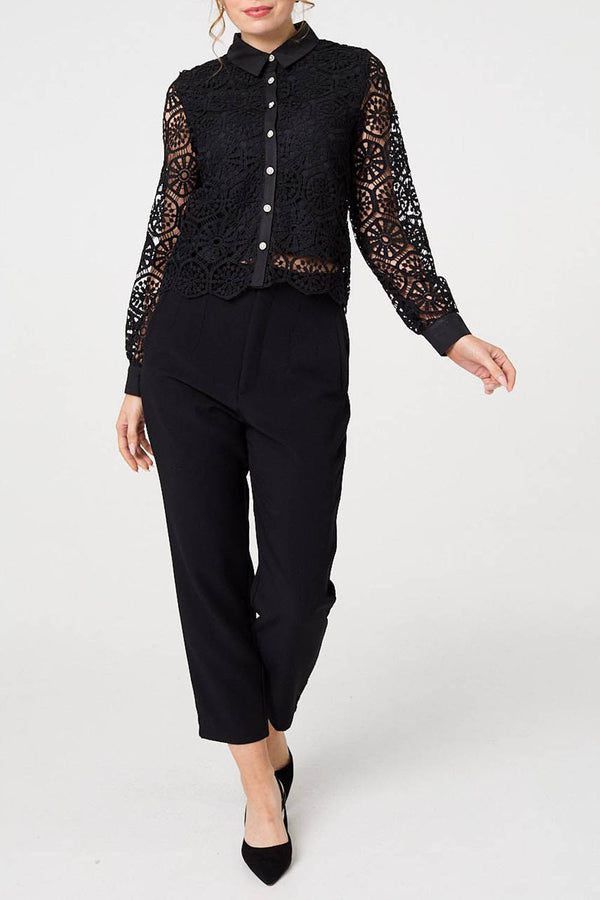 BLACK | Lace Layer Semi Sheer Cropped Shirt