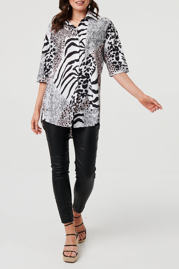 MULTIBLACK / Animal Print 1/2 Sleeve Tunic Shirt