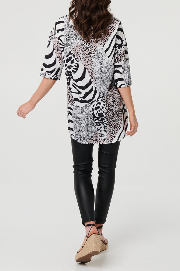 MULTIBLACK / Animal Print 1/2 Sleeve Tunic Shirt