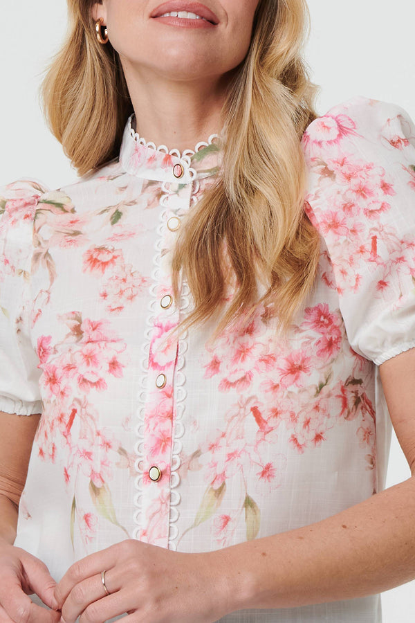 CREAM | Floral High Neck Puff Sleeve Blouse