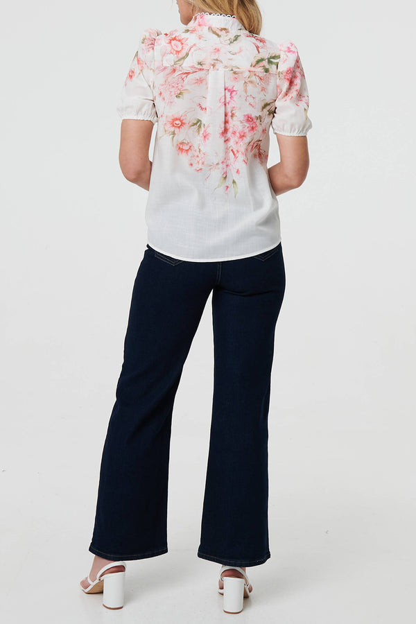CREAM | Floral High Neck Puff Sleeve Blouse