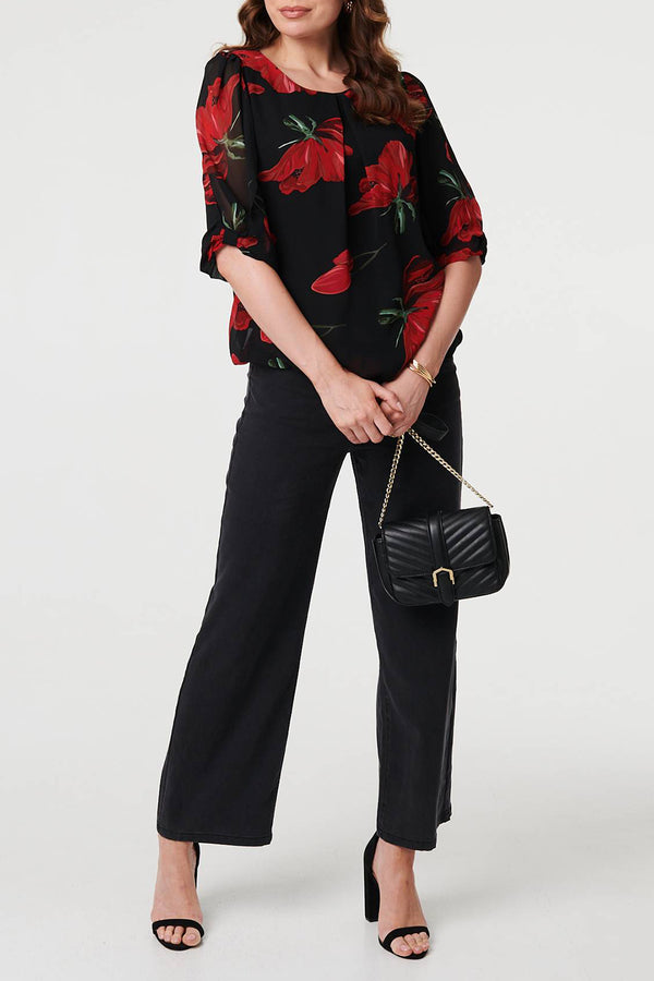 MULTI RED| Floral Print 1/2 Sleeve Blouse