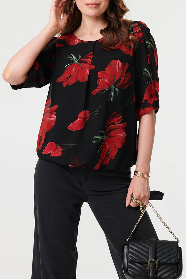MULTI RED| Floral Print 1/2 Sleeve Blouse