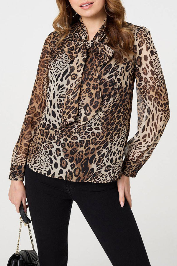 MULTI BEIGE | Animal Print Tie Neck Blouse