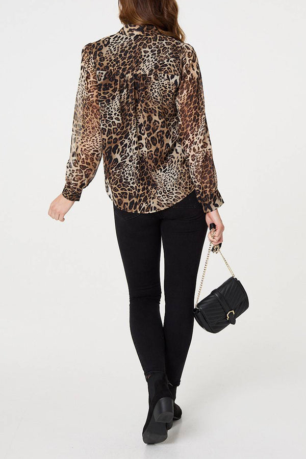 MULTI BEIGE | Animal Print Tie Neck Blouse