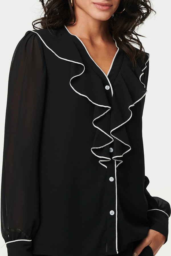 BLACK | Contrast Trim Frilled Long Sleeve Blouse