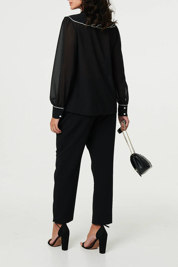 BLACK | Contrast Trim Frilled Long Sleeve Blouse