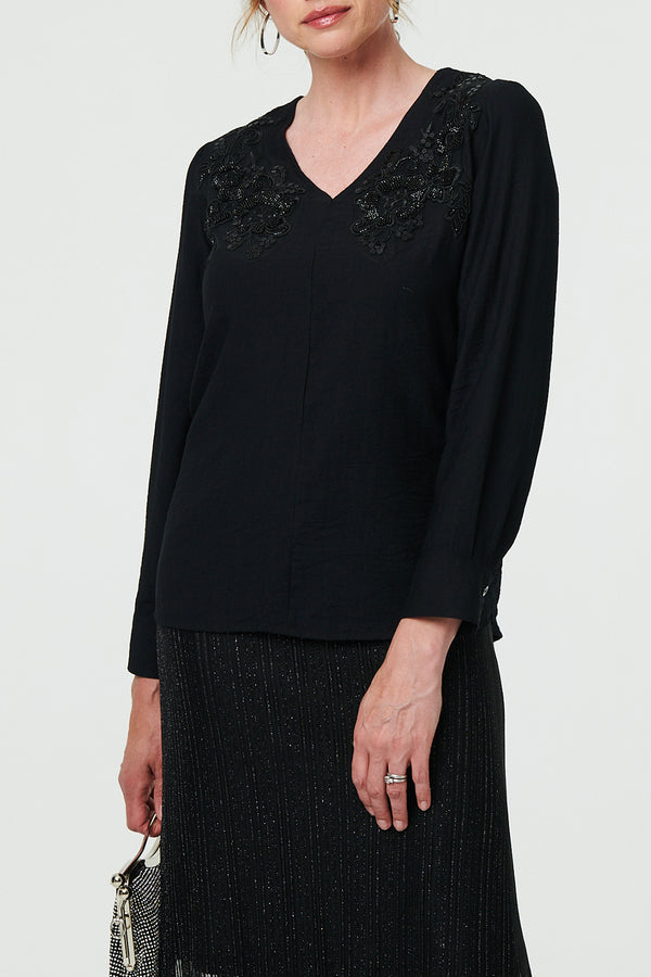 BLACK| Floral Embroidered V-Neck Jumper