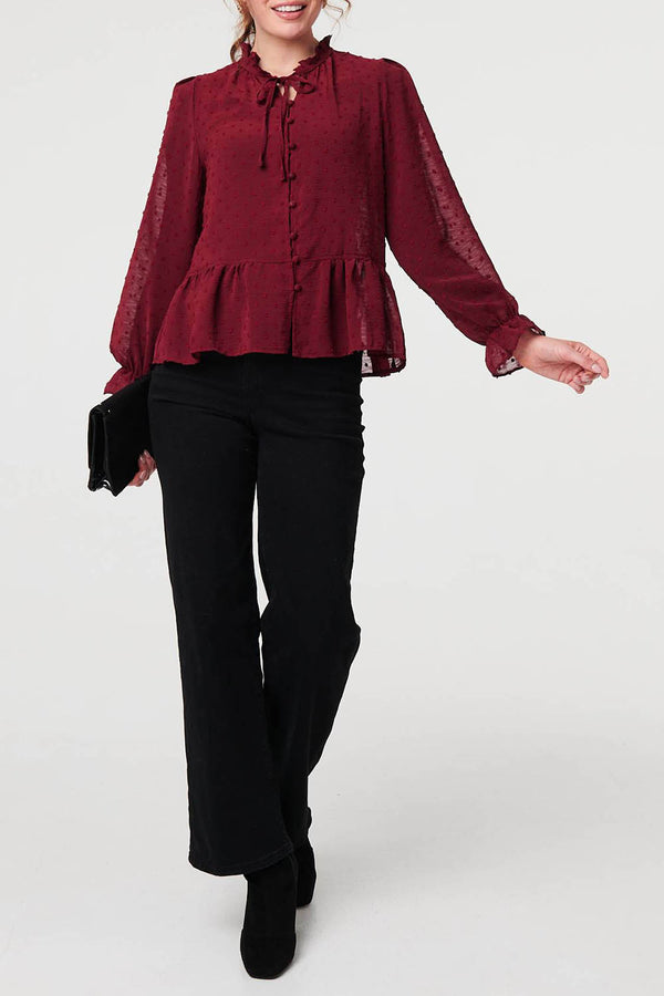 BURGUNDY | Semi Sheer Textured Ruffled Blouse