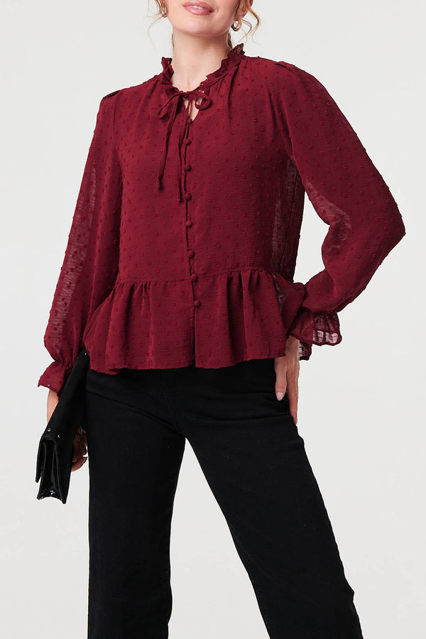 BURGUNDY | Semi Sheer Textured Ruffled Blouse