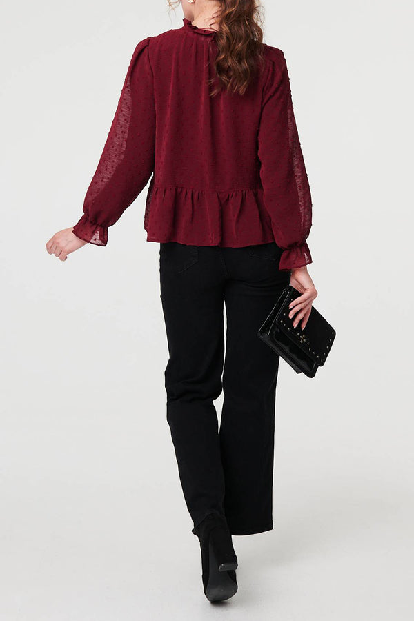 BURGUNDY | Semi Sheer Textured Ruffled Blouse