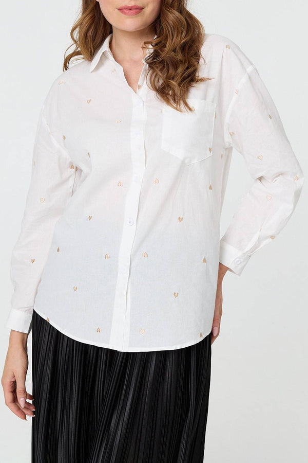 WHITE | Heart Embroidered Long Sleeve Shirt