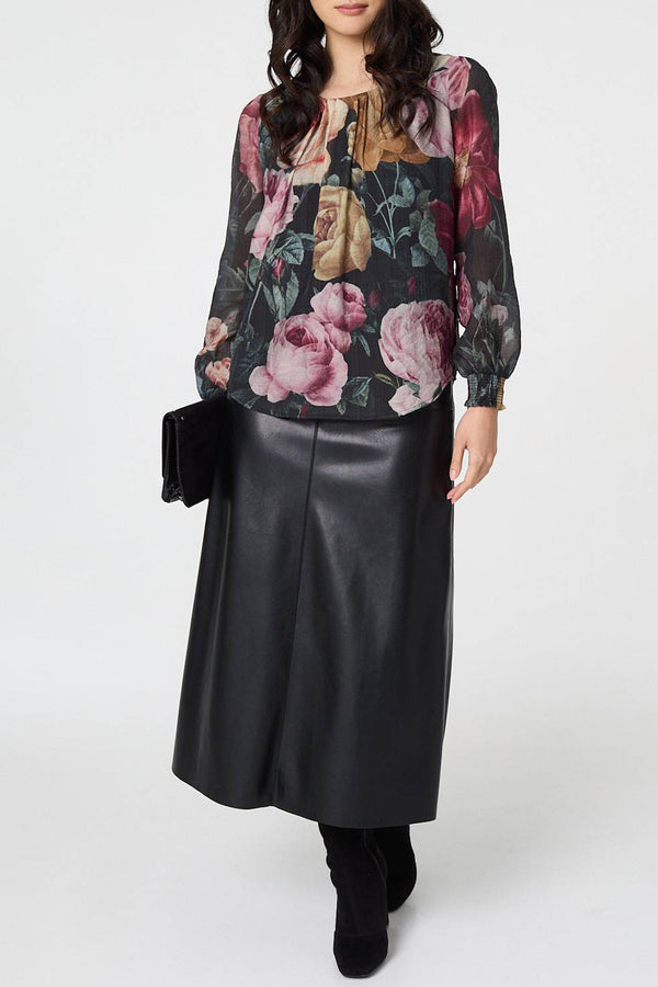 MULTI BLACK | Floral Ruched Semi Sheer Blouse