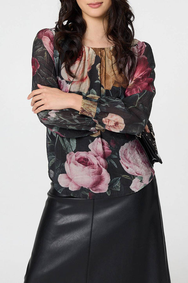 MULTI BLACK | Floral Ruched Semi Sheer Blouse