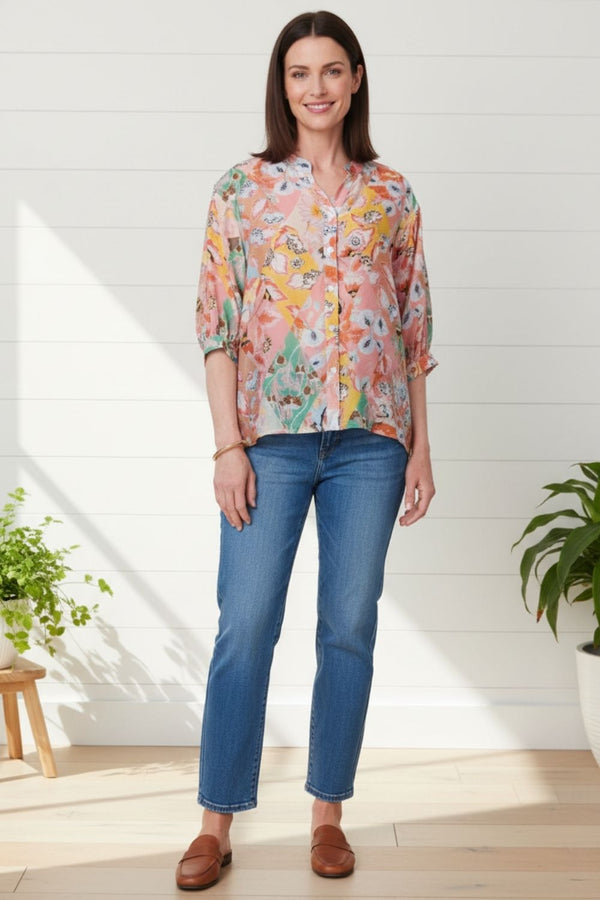 Abstract Button Back 3/4 Sleeve Blouse| MULTI_PINK