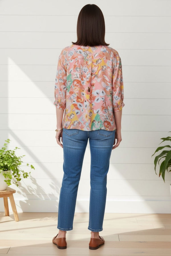 Abstract Button Back 3/4 Sleeve Blouse| MULTI_PINK