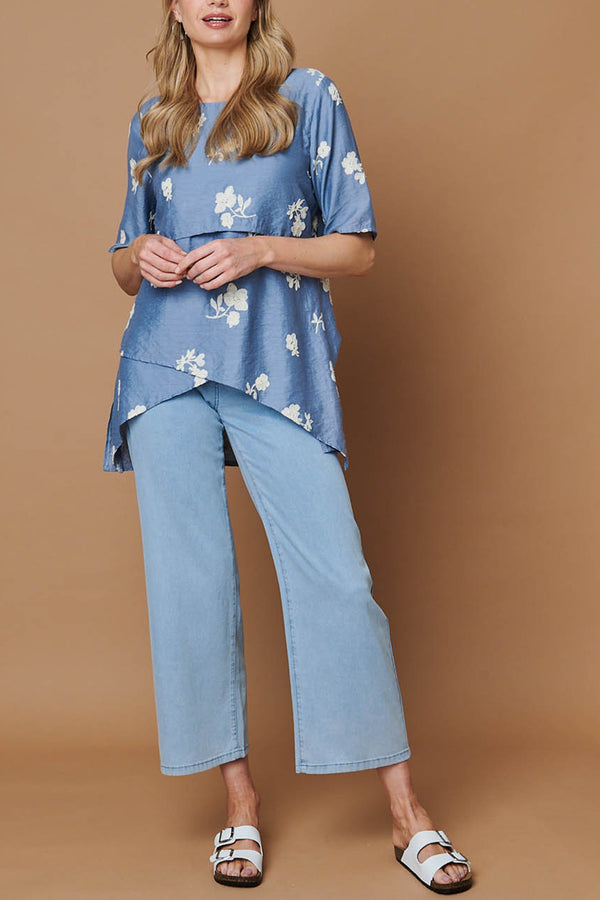 Floral 1/2 Sleeve Asymmetric Tunic Top| BLUE