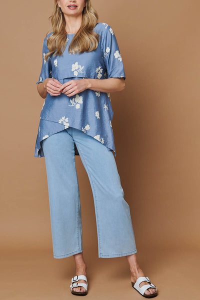 Floral 1/2 Sleeve Asymmetric Tunic Top| BLUE