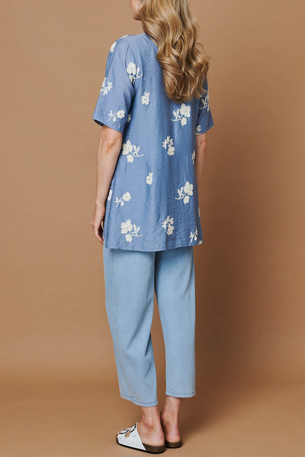 Floral 1/2 Sleeve Asymmetric Tunic Top| BLUE