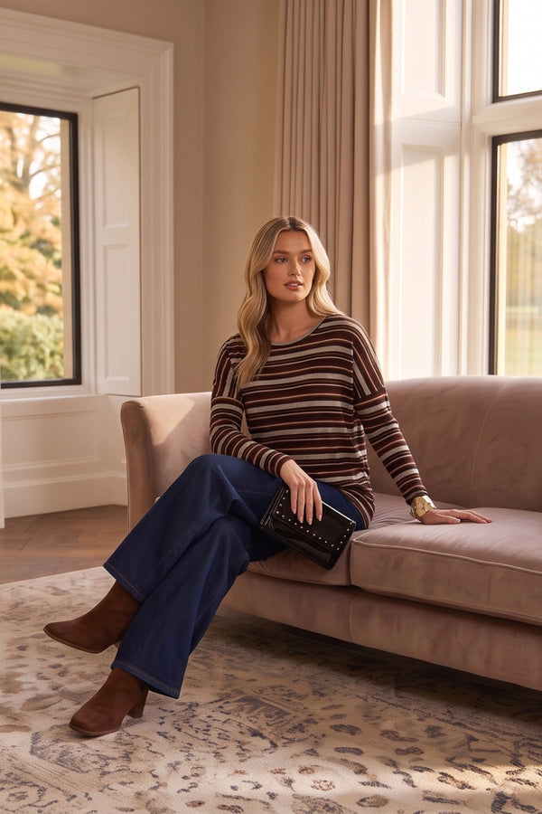 Striped Drop Shoulder Relaxed Tunic Top| MULTI BROWN