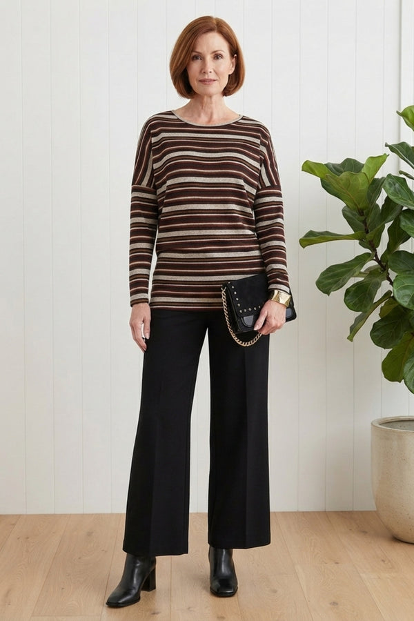 Striped Drop Shoulder Relaxed Tunic Top| MULTI BROWN