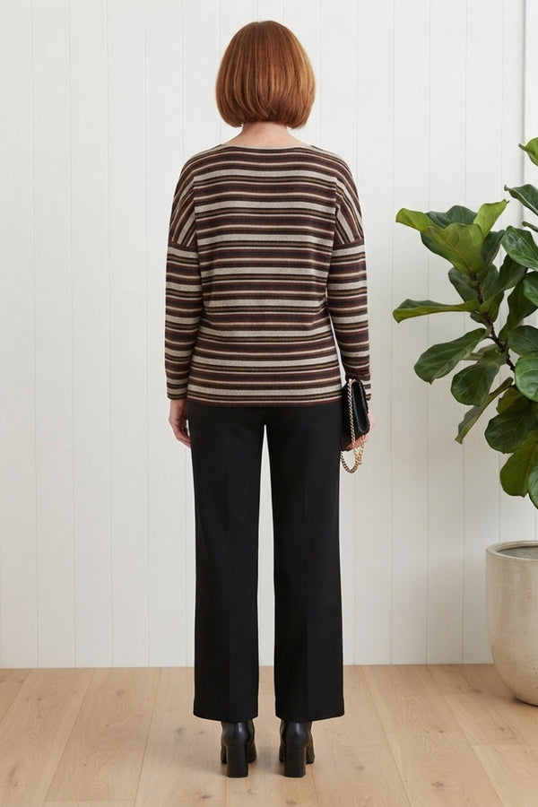 Striped Drop Shoulder Relaxed Tunic Top| MULTI BROWN