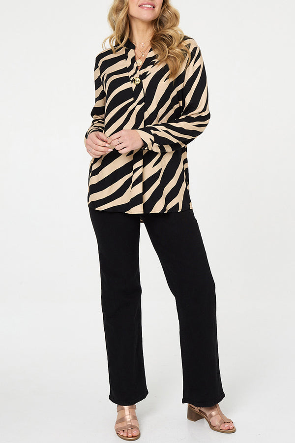 Zebra Print V-Neck Long Sleeve Blouse| MULTI BLACK