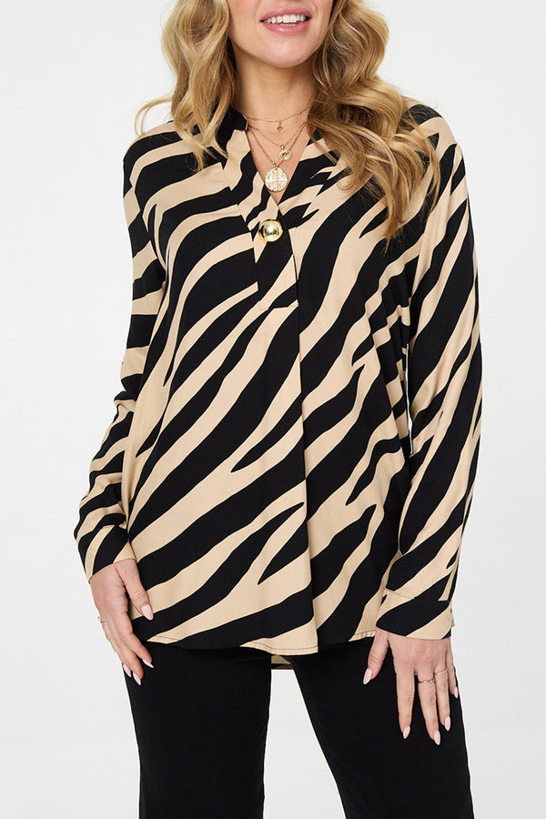 Zebra Print V-Neck Long Sleeve Blouse| MULTI BLACK