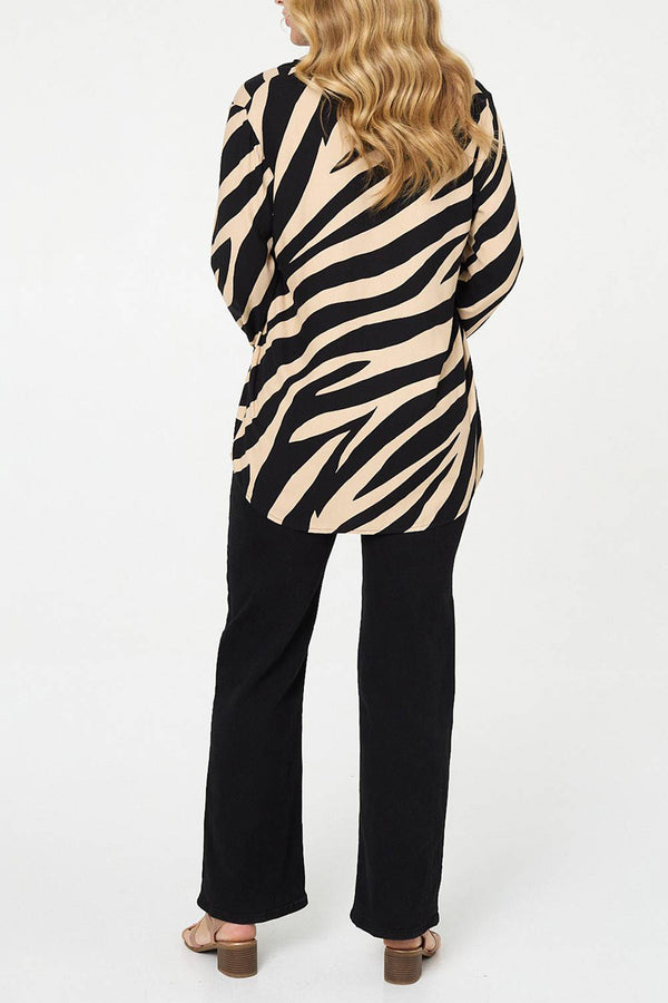 Zebra Print V-Neck Long Sleeve Blouse| MULTI BLACK