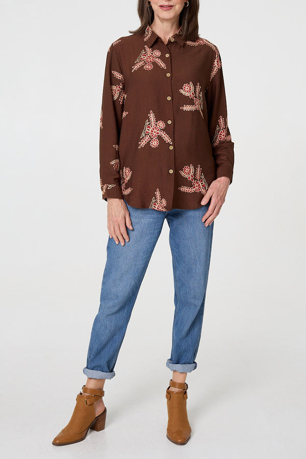 CHOCOLATE / Floral Long Sleeve Embroidered Shirt