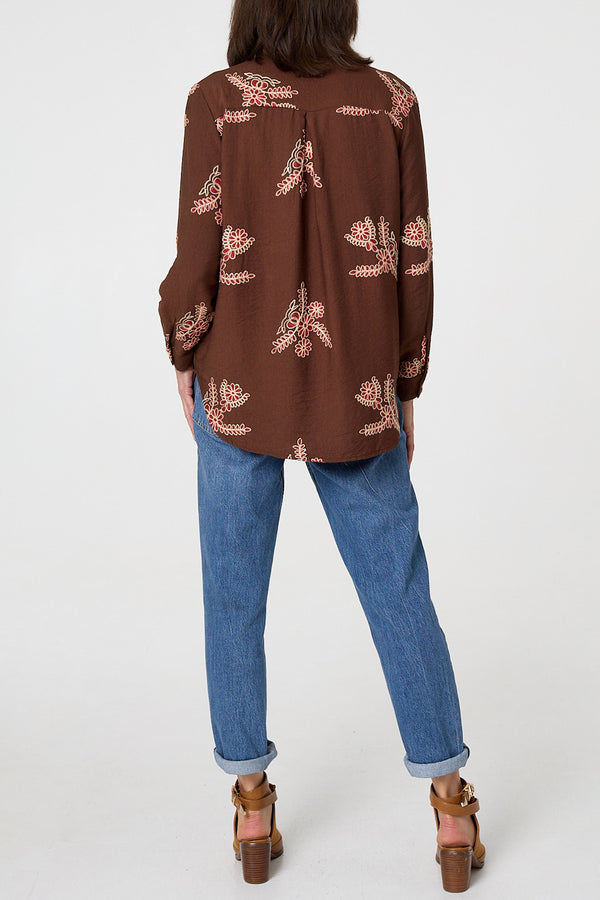 CHOCOLATE / Floral Long Sleeve Embroidered Shirt