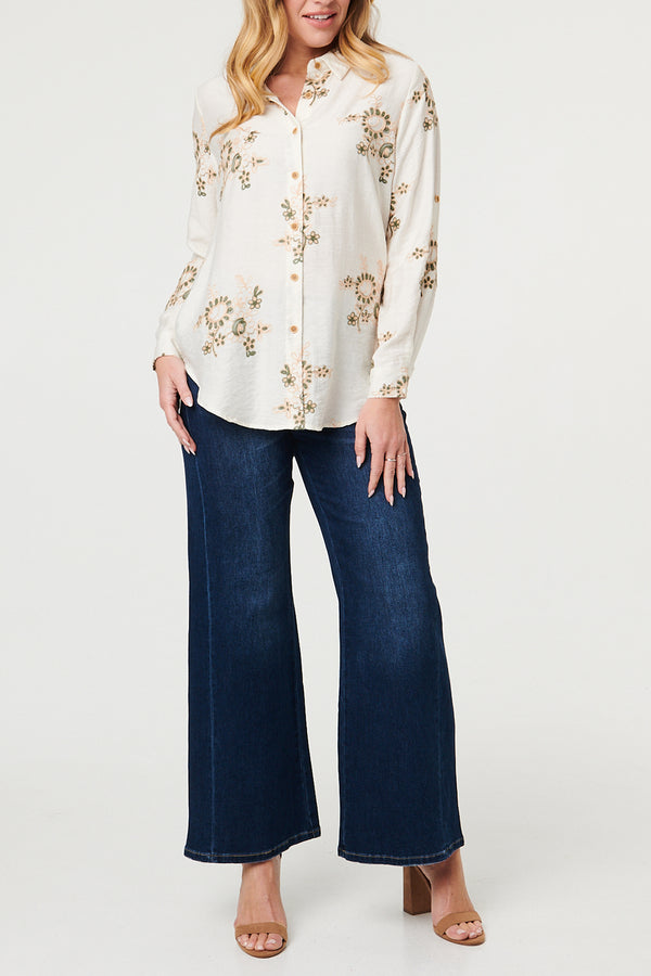 CREAM / Floral Embroidered Long Sleeve Shirt
