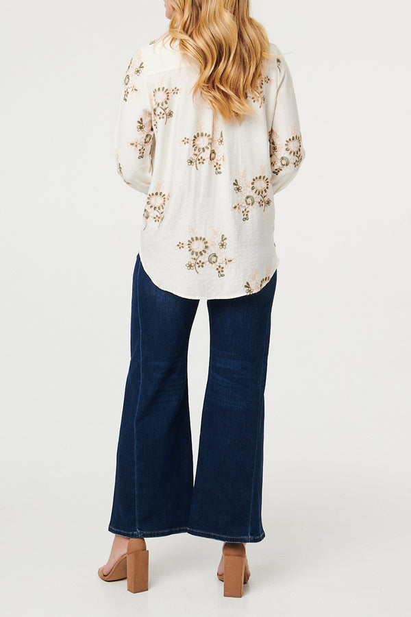 CREAM / Floral Embroidered Long Sleeve Shirt