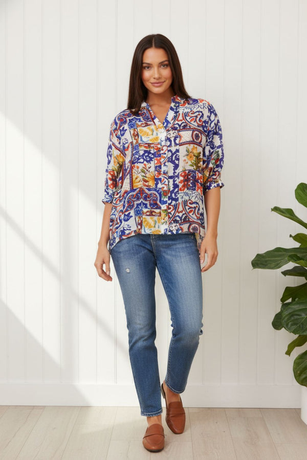 Abstract 3/4 Sleeve Button Back Blouse| MULTIWHITE