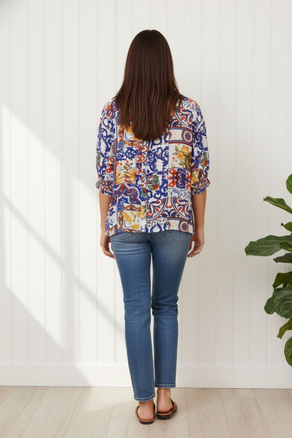 Abstract 3/4 Sleeve Button Back Blouse| MULTIWHITE
