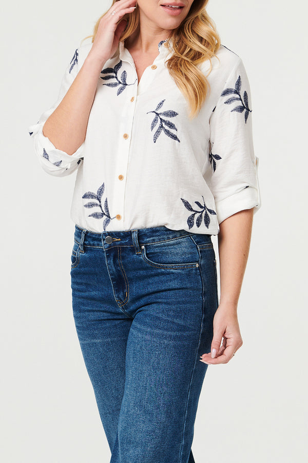 WHITE / Leaf Print Embroidered Long Sleeve Shirt