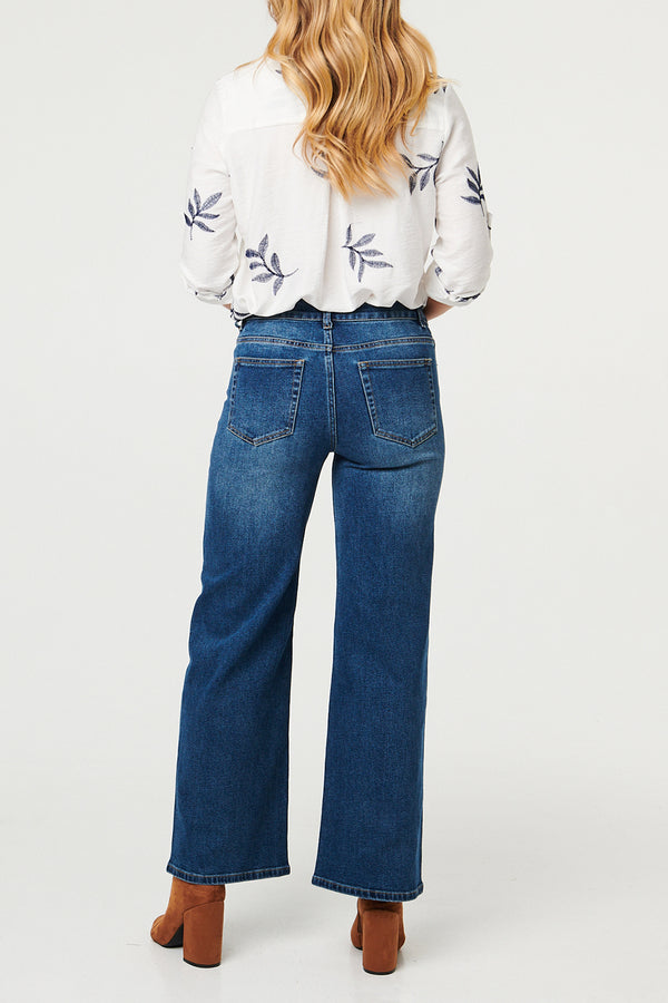 WHITE / Leaf Print Embroidered Long Sleeve Shirt