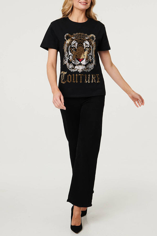 Embellished Graphic Print T-Shirt| BLACK