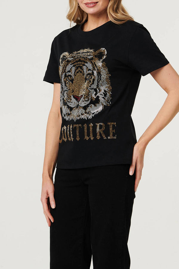 Embellished Graphic Print T-Shirt| BLACK