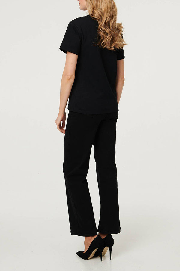 Embellished Graphic Print T-Shirt| BLACK