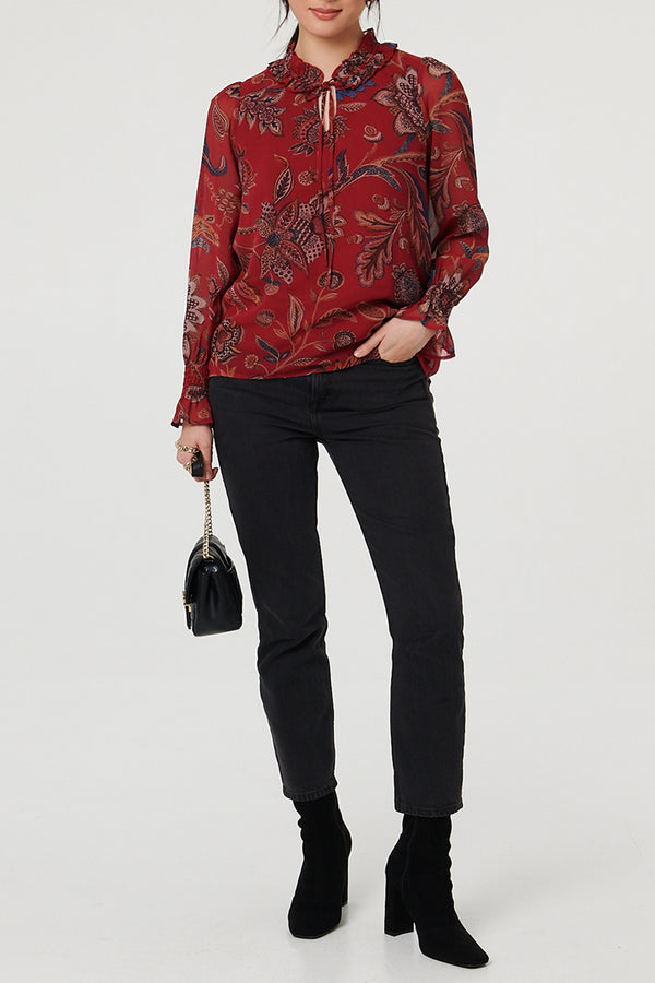 Floral Frill Neck Long Sleeve Blouse| RED