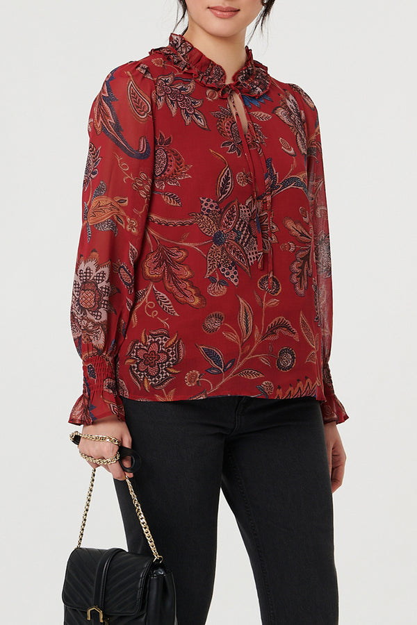 Floral Frill Neck Long Sleeve Blouse| RED