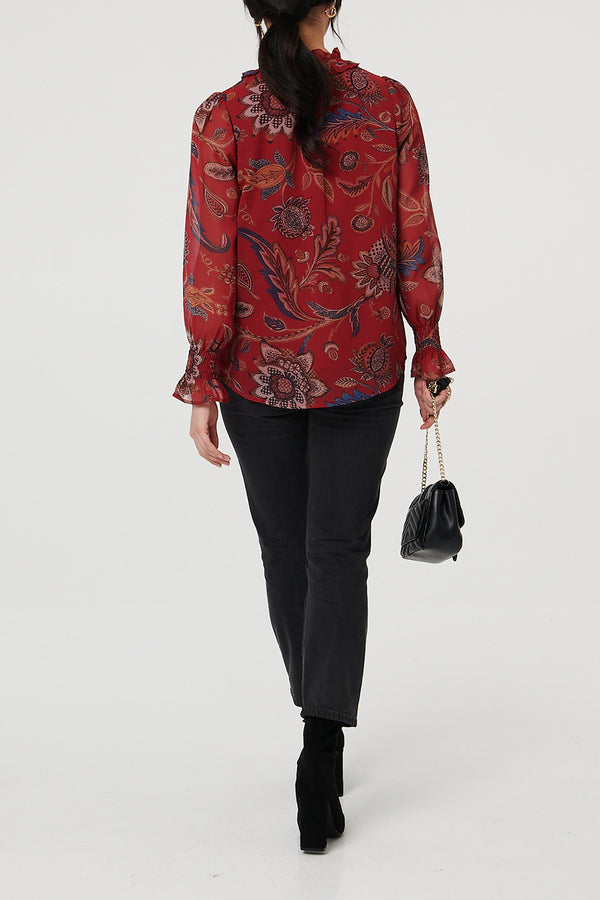 Floral Frill Neck Long Sleeve Blouse| RED