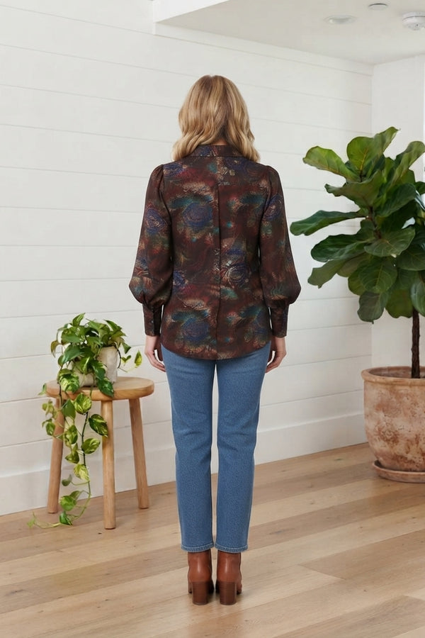 Floral Balloon Sleeve Relaxed Shirt| BROWN