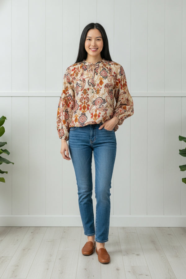 Paisley Long Sleeve Tie Front Blouse| ORANGE