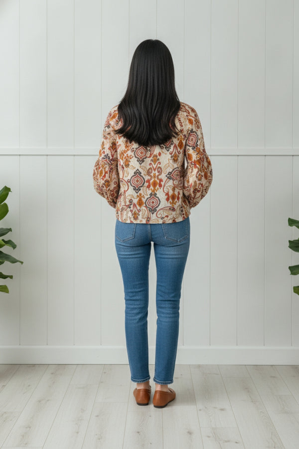 Paisley Long Sleeve Tie Front Blouse| ORANGE
