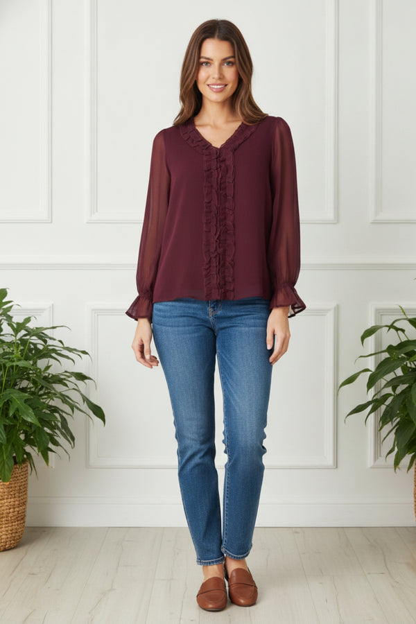 Frilled Trim Semi Sheer V-Neck Blouse| PURPLE
